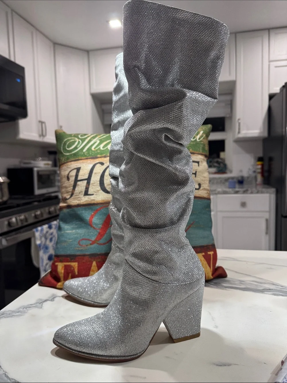 Stuart Weitzman Silver Over-the-Knee Glitter Slouch Boots
